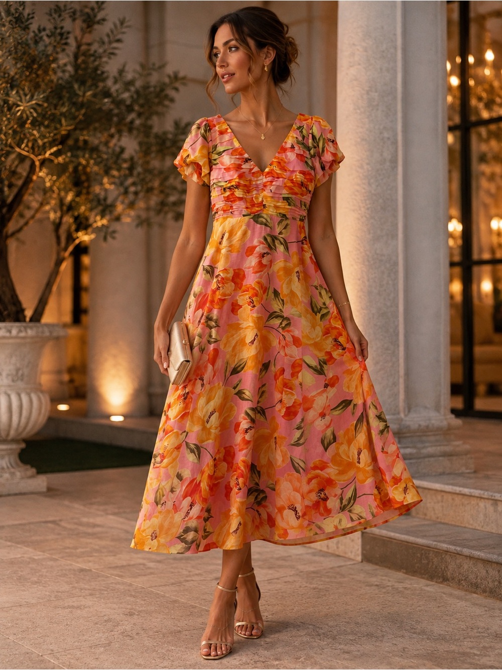 Ever New Pink Floral Midi Dress with Orange & Yellow Blooms 100% Linen
